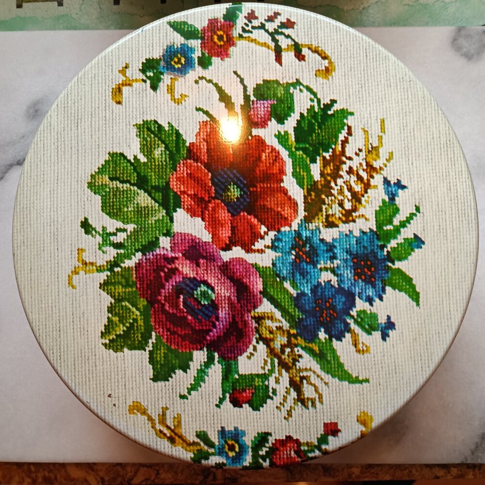 Vintage Round Tin & Lid Needlepoint Floral Design Country Cottage 10 In.